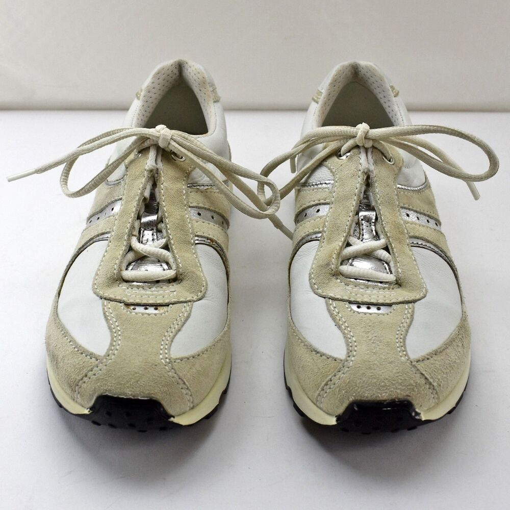 Ecco Lace-Up Sneakers Women's Size 6.5 Beige Silver Suede Leather